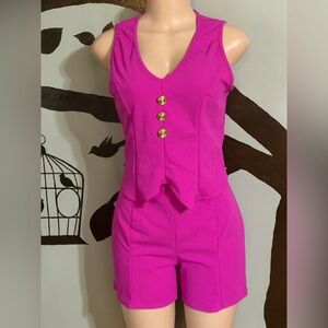 Sleeveless Bright Pink V-Neck Romper with Gold Buttons